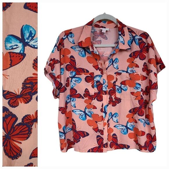 LuLaRoe Amy Butterfly Pink Dolman Sleeve Button Down Shirt Pink Gypsy Blouse - Picture 1 of 10